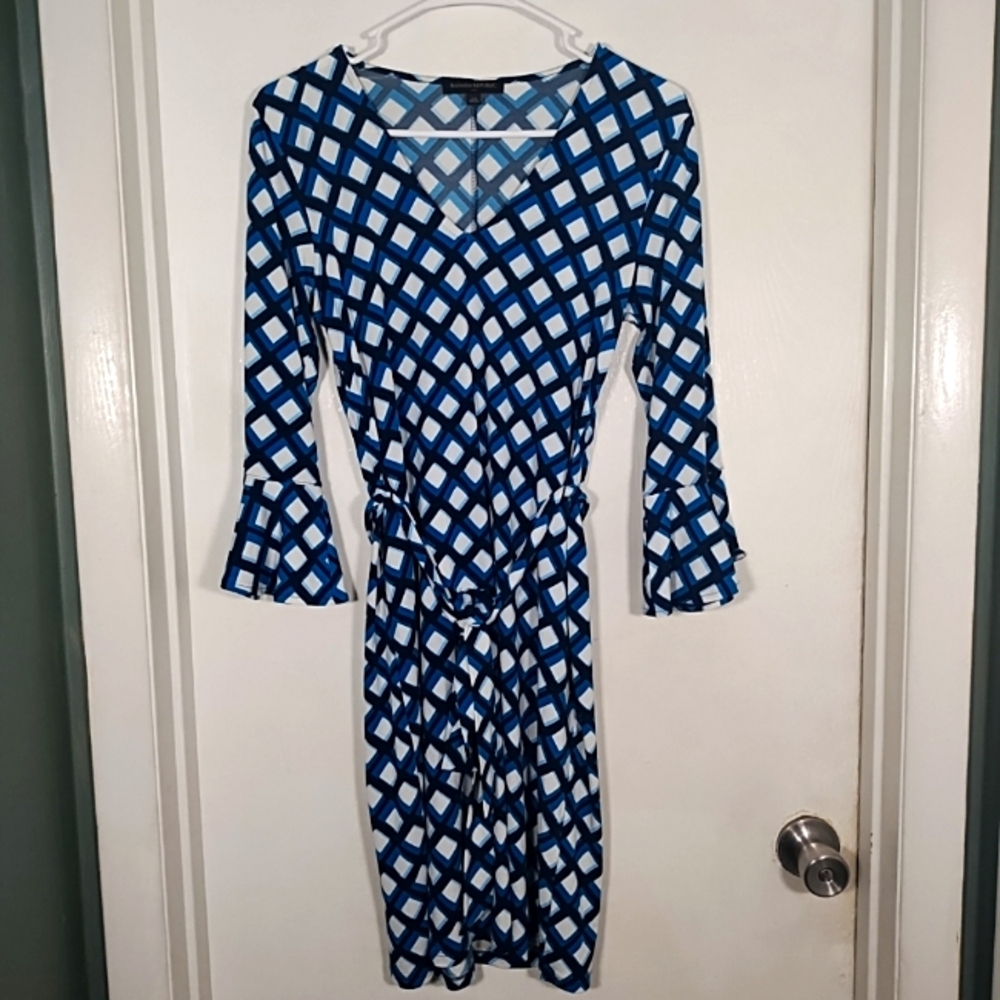 Banana Republic Womens XS Dress Knee Length Blue Black Sheath Belted Bell Sleeve